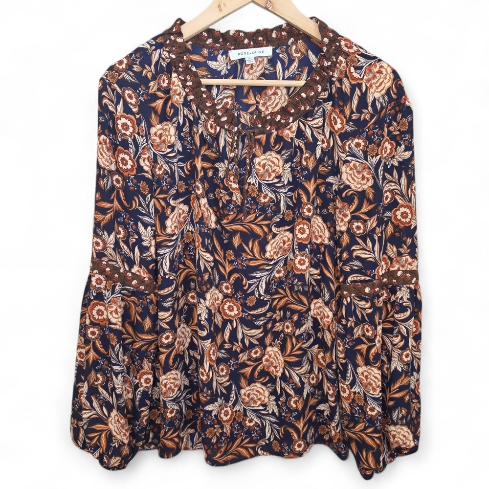 Rose & Olive Top Womens Medium Brown Floral Print Peasant Blouse Neck Tie Casual